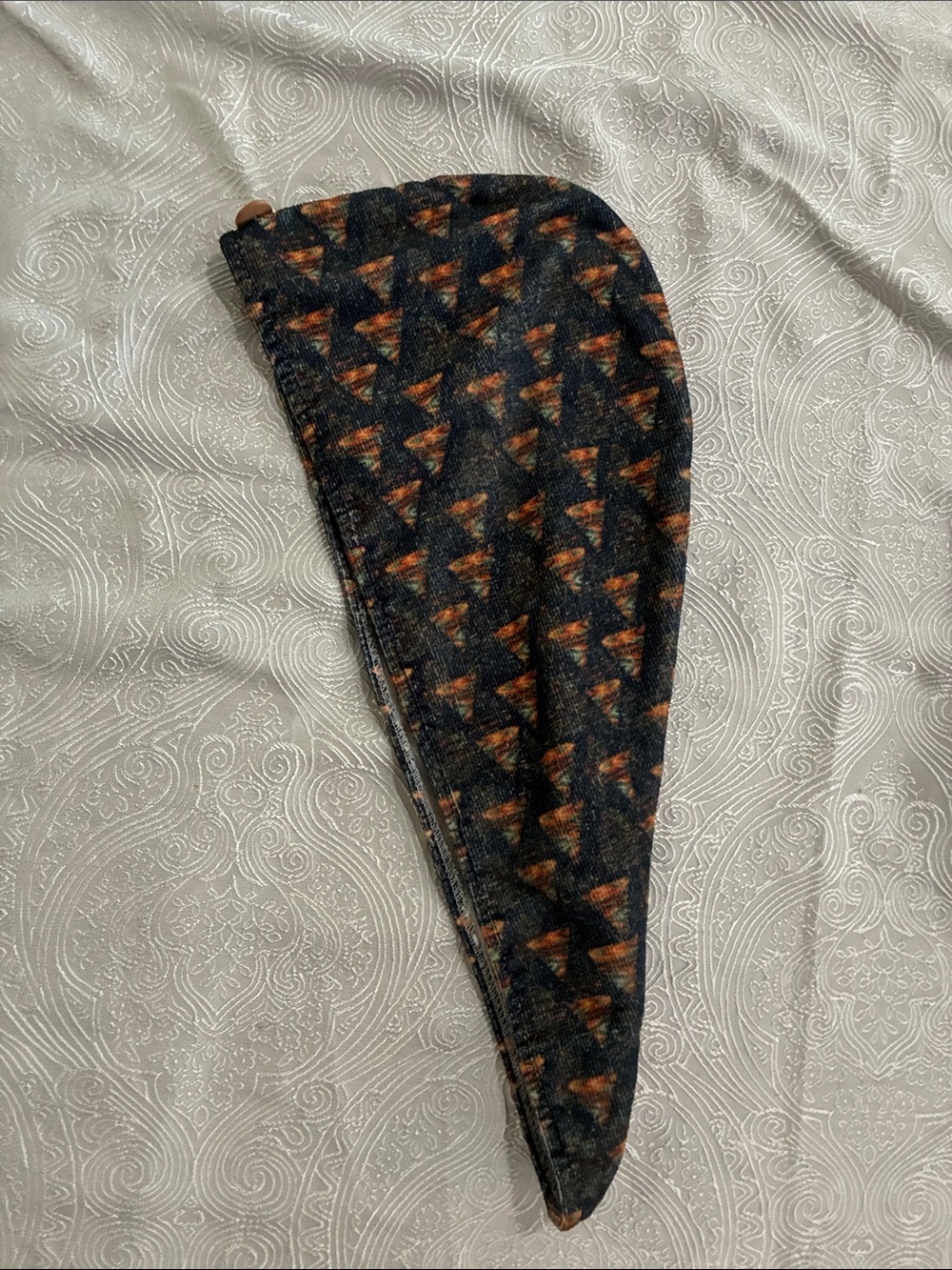 Black Hair Towel Wrap with Orange Triangle Pattern